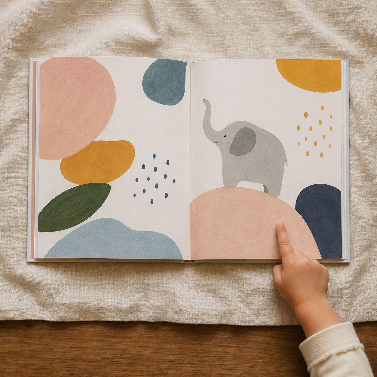 A child pointing to an illustrated storybook